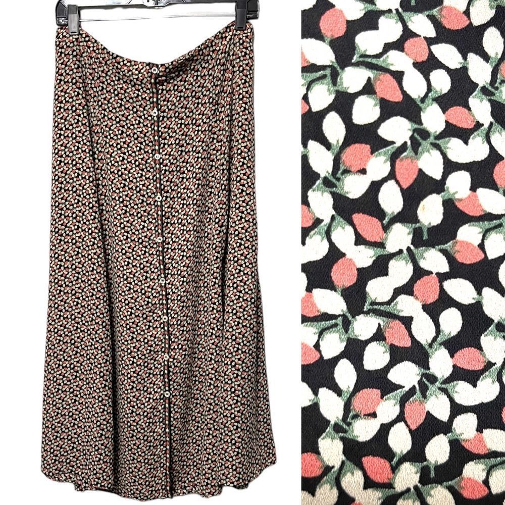 Black Floral Button-Front Midi Skirt in Coral and White